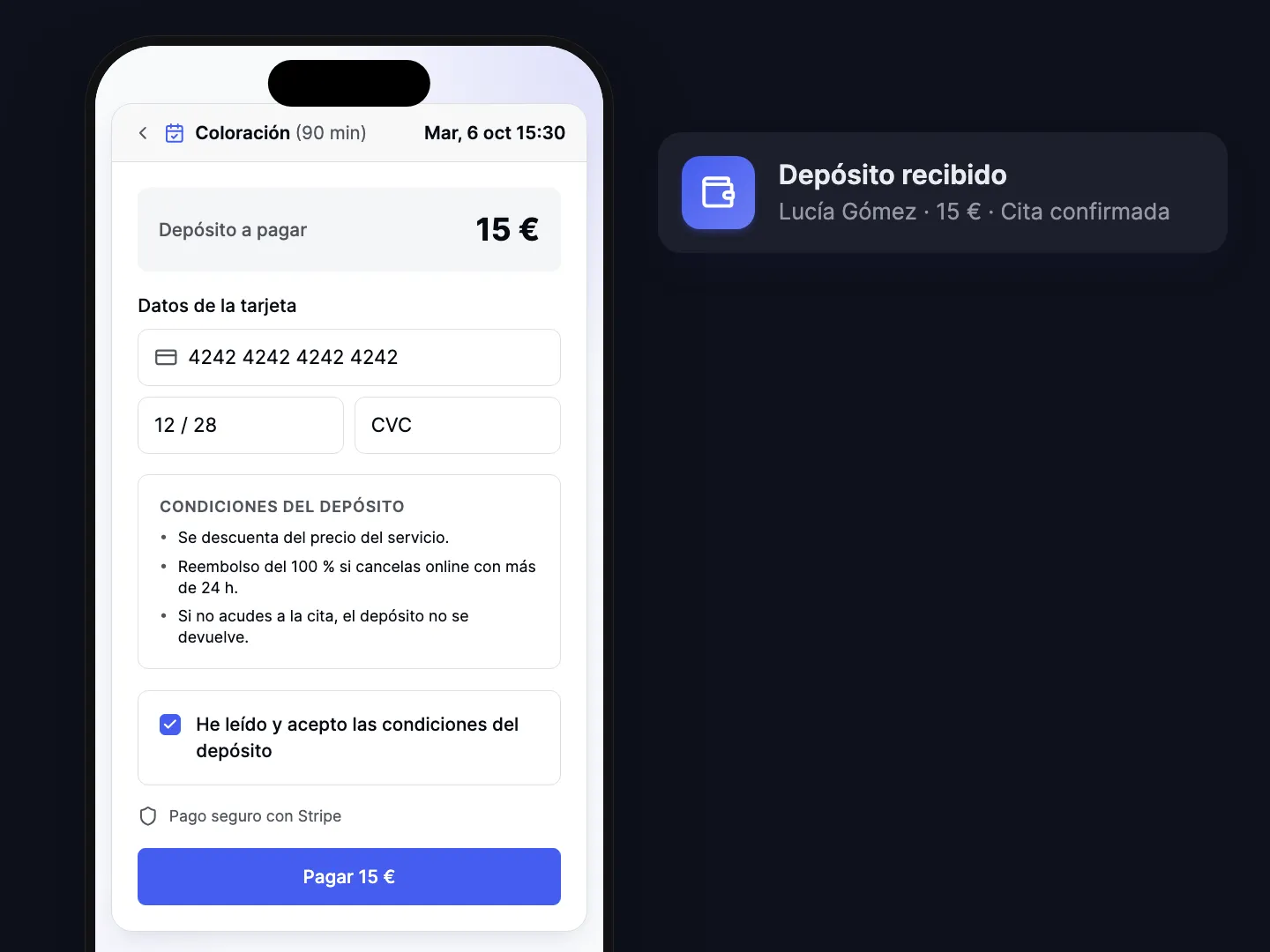 Cobra un depósito al reservar